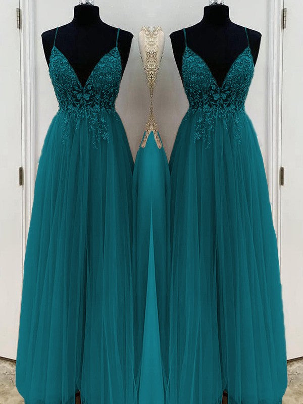 A-Line/Princess Beading Tulle Spaghetti Straps Sleeveless Floor-Length Prom Dress