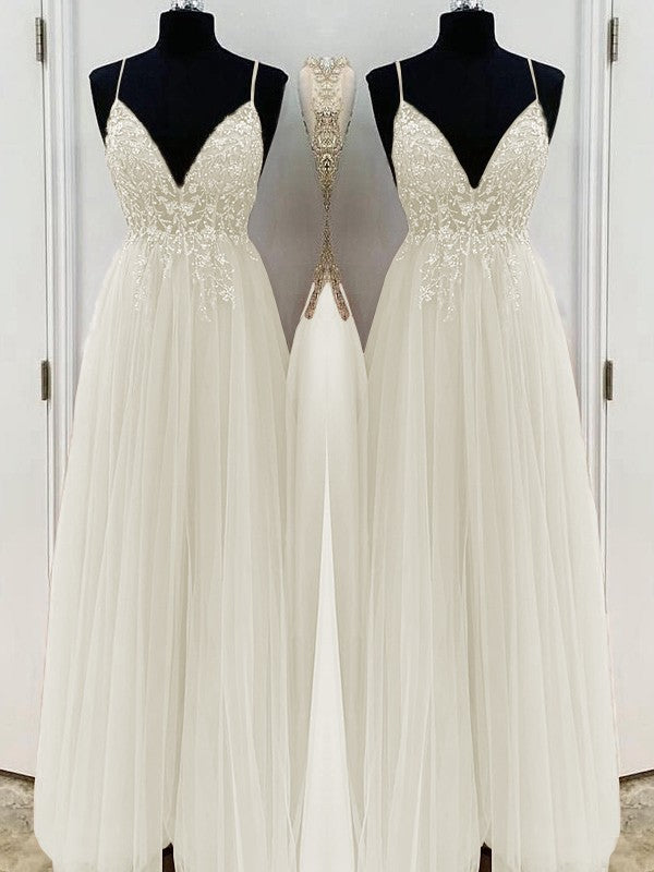 A-Line/Princess Beading Tulle Spaghetti Straps Sleeveless Floor-Length Prom Dress