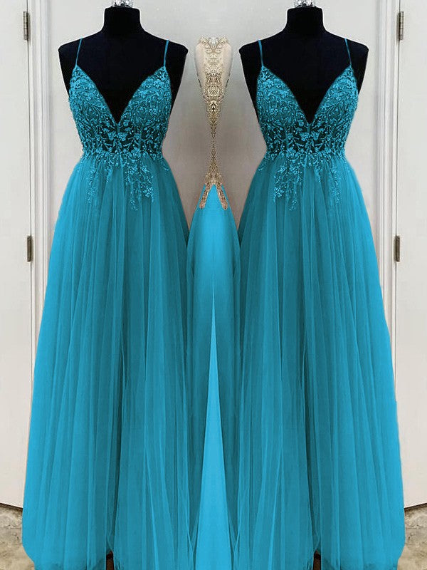 A-Line/Princess Beading Tulle Spaghetti Straps Sleeveless Floor-Length Prom Dress