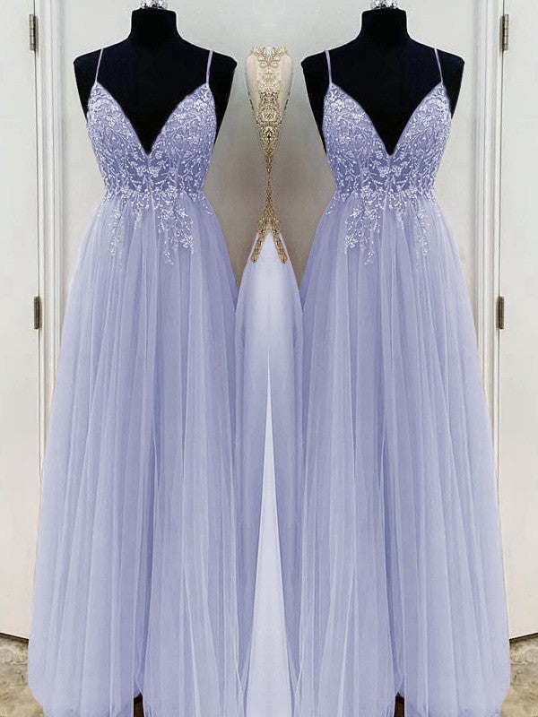 A-Line/Princess Beading Tulle Spaghetti Straps Sleeveless Floor-Length Prom Dress