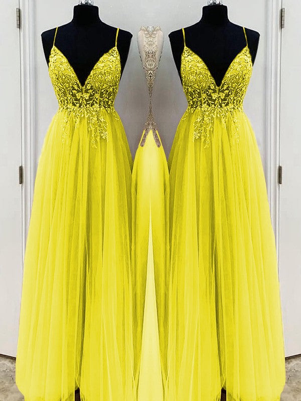 A-Line/Princess Beading Tulle Spaghetti Straps Sleeveless Floor-Length Prom Dress