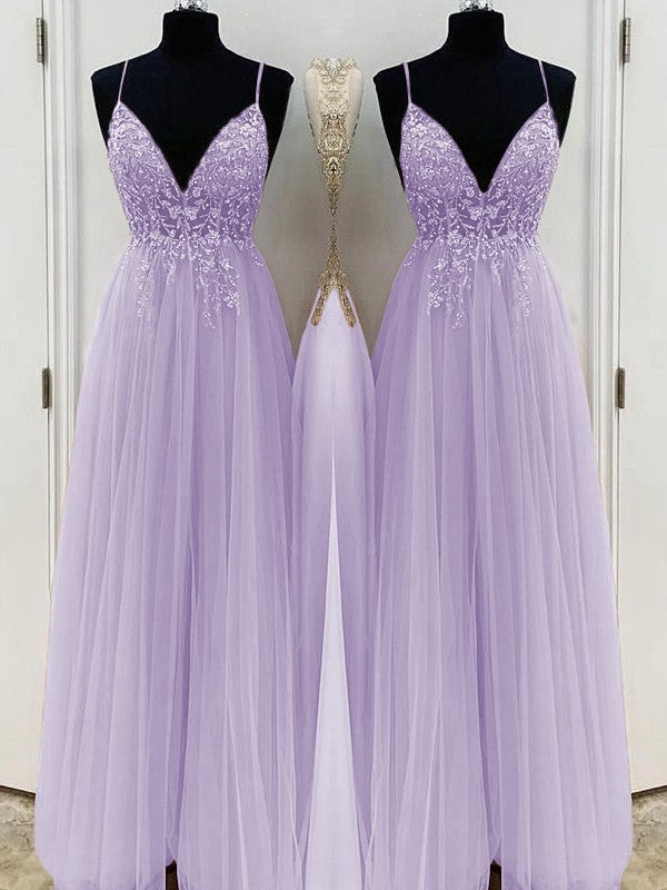 A-Line/Princess Beading Tulle Spaghetti Straps Sleeveless Floor-Length Prom Dress