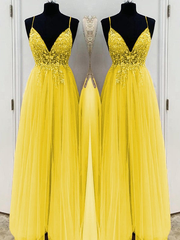 A-Line/Princess Beading Tulle Spaghetti Straps Sleeveless Floor-Length Prom Dress