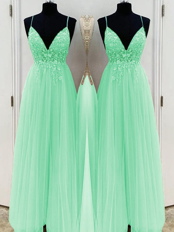 A-Line/Princess Beading Tulle Spaghetti Straps Sleeveless Floor-Length Prom Dress