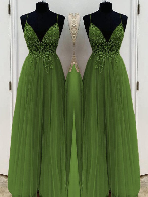A-Line/Princess Beading Tulle Spaghetti Straps Sleeveless Floor-Length Prom Dress