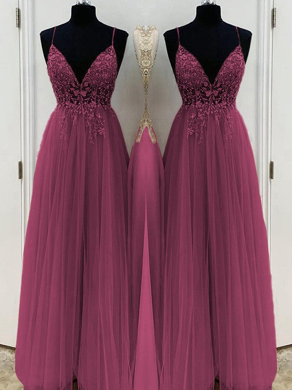 A-Line/Princess Beading Tulle Spaghetti Straps Sleeveless Floor-Length Prom Dress