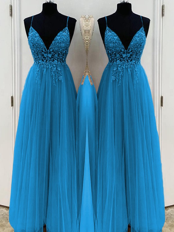 A-Line/Princess Beading Tulle Spaghetti Straps Sleeveless Floor-Length Prom Dress