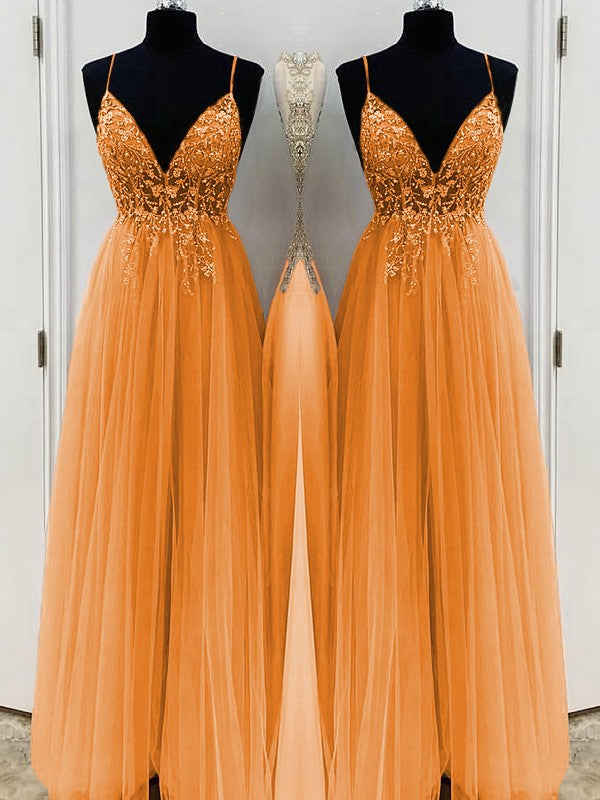 A-Line/Princess Beading Tulle Spaghetti Straps Sleeveless Floor-Length Prom Dress