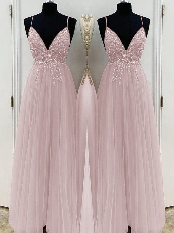 A-Line/Princess Beading Tulle Spaghetti Straps Sleeveless Floor-Length Prom Dress