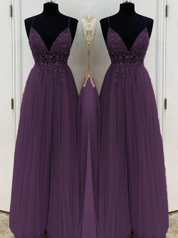 A-Line/Princess Beading Tulle Spaghetti Straps Sleeveless Floor-Length Prom Dress