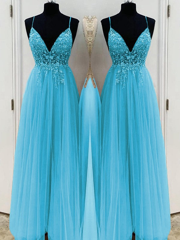A-Line/Princess Beading Tulle Spaghetti Straps Sleeveless Floor-Length Prom Dress