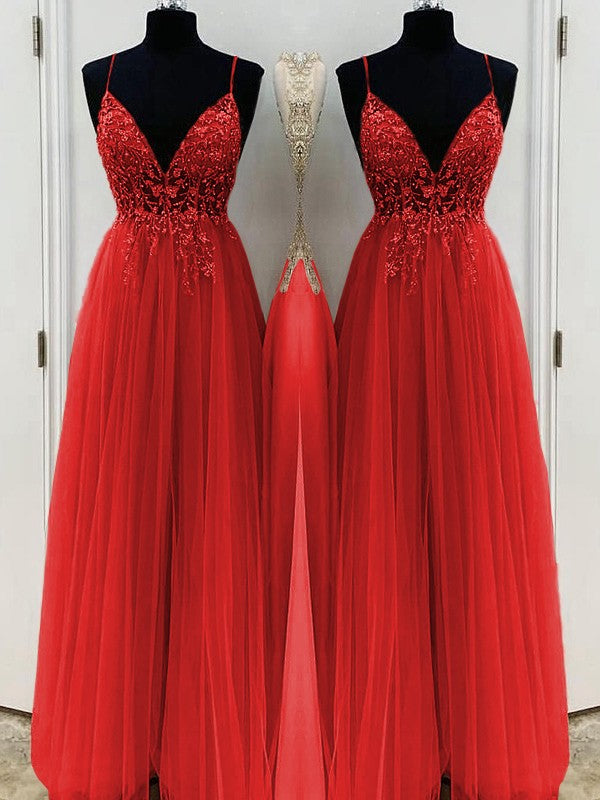 A-Line/Princess Beading Tulle Spaghetti Straps Sleeveless Floor-Length Prom Dress