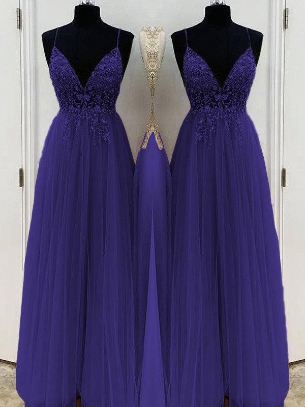 A-Line/Princess Beading Tulle Spaghetti Straps Sleeveless Floor-Length Prom Dress