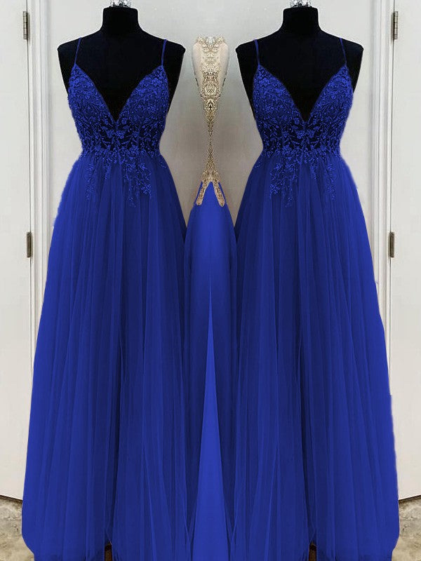 A-Line/Princess Beading Tulle Spaghetti Straps Sleeveless Floor-Length Prom Dress