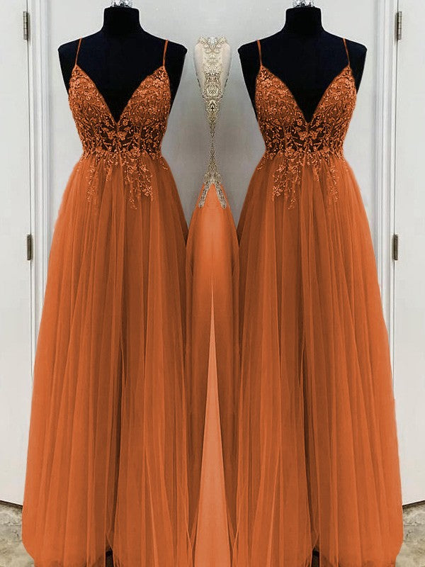 A-Line/Princess Beading Tulle Spaghetti Straps Sleeveless Floor-Length Prom Dress