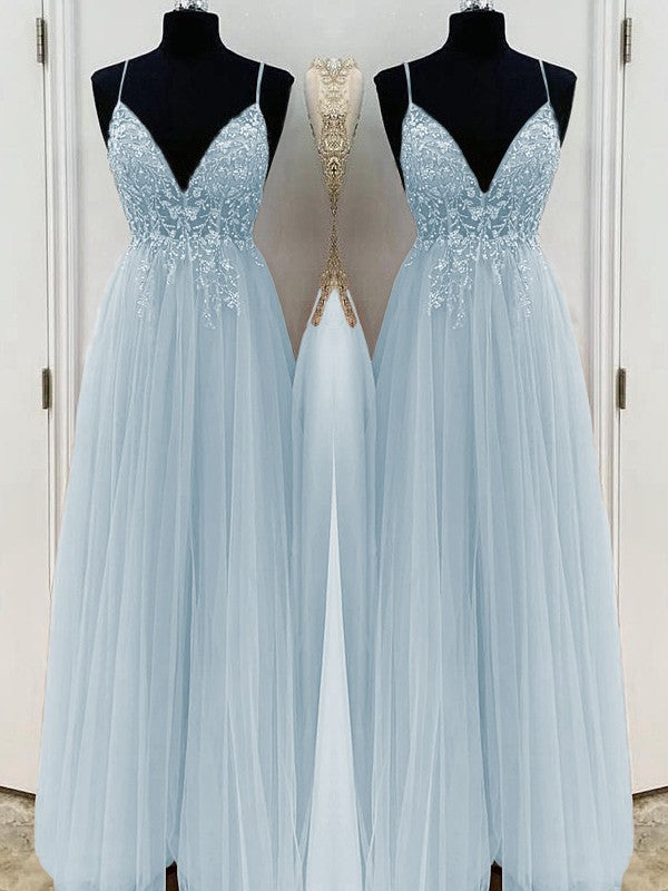 A-Line/Princess Beading Tulle Spaghetti Straps Sleeveless Floor-Length Prom Dress