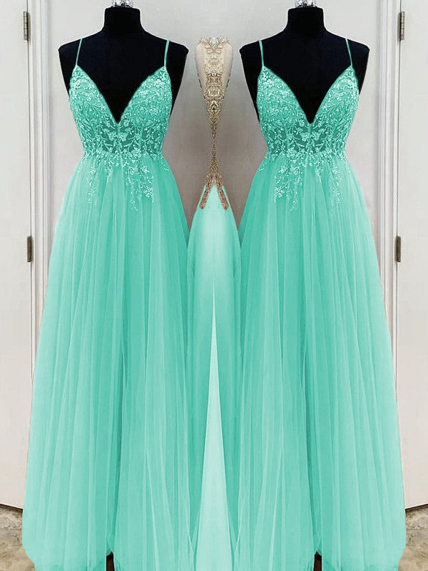 A-Line/Princess Beading Tulle Spaghetti Straps Sleeveless Floor-Length Prom Dress