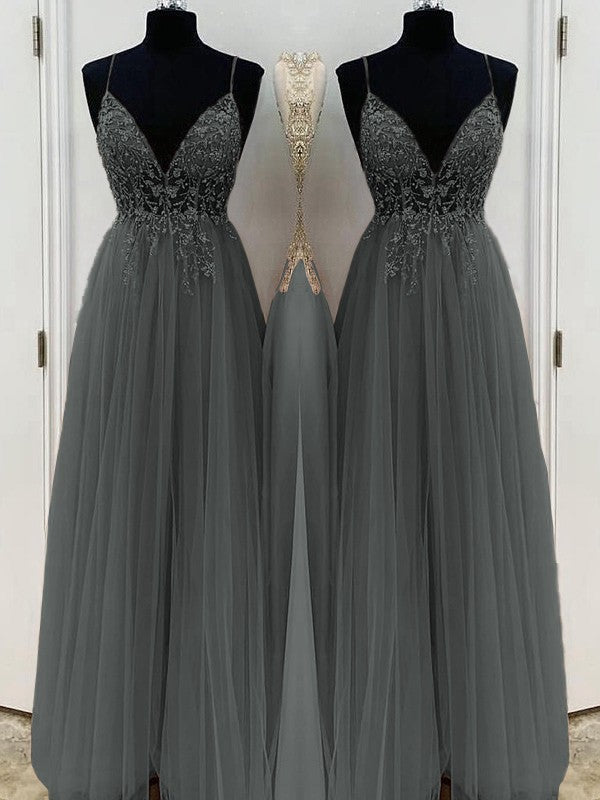 A-Line/Princess Beading Tulle Spaghetti Straps Sleeveless Floor-Length Prom Dress