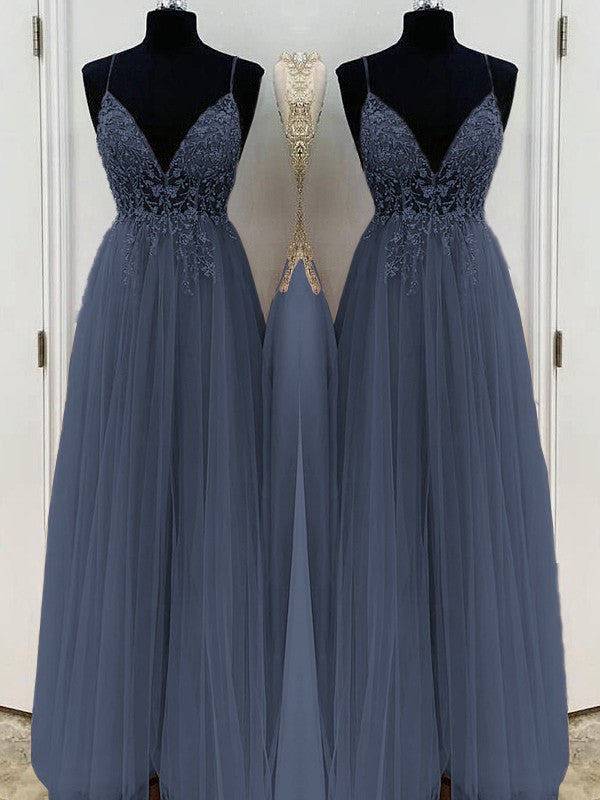 A-Line/Princess Beading Tulle Spaghetti Straps Sleeveless Floor-Length Prom Dress