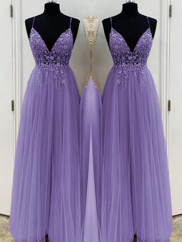 A-Line/Princess Beading Tulle Spaghetti Straps Sleeveless Floor-Length Prom Dress