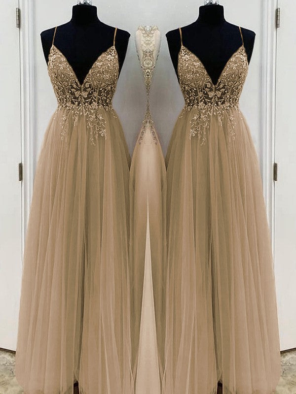 A-Line/Princess Beading Tulle Spaghetti Straps Sleeveless Floor-Length Prom Dress