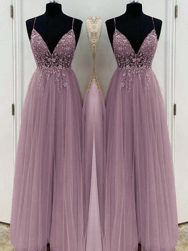 A-Line/Princess Beading Tulle Spaghetti Straps Sleeveless Floor-Length Prom Dress