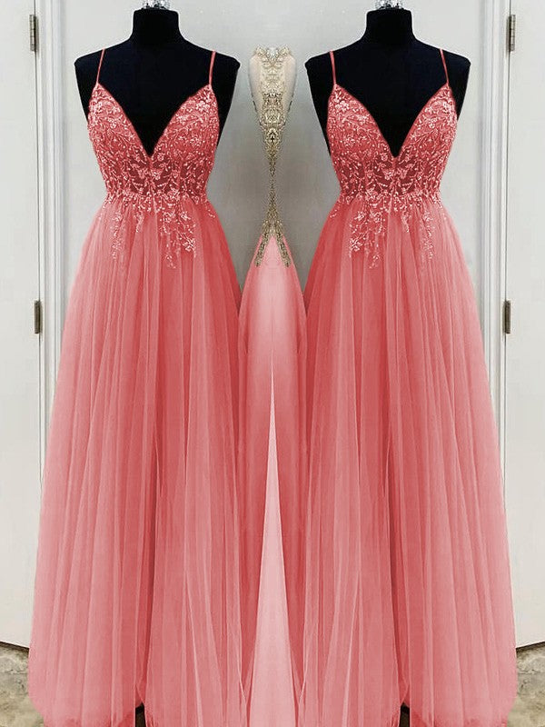 A-Line/Princess Beading Tulle Spaghetti Straps Sleeveless Floor-Length Prom Dress