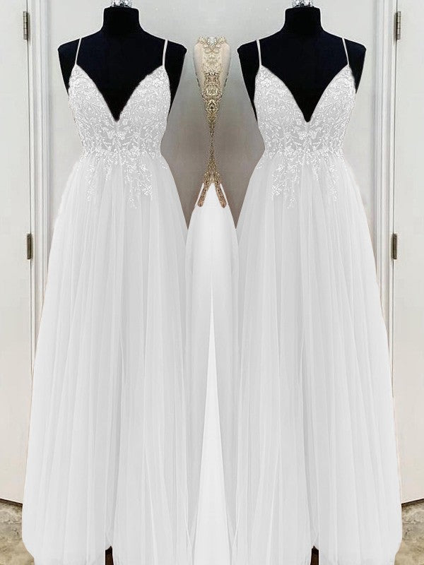A-Line/Princess Beading Tulle Spaghetti Straps Sleeveless Floor-Length Prom Dress