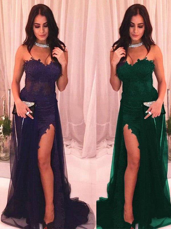 Trumpet/Mermaid Tulle Applique Strapless Sleeveless Sweep/Brush Train Prom Dress