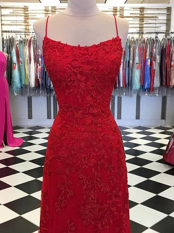 A-Line/Princess Tulle Applique Spaghetti Straps Sleeveless Sweep/Brush Train Prom Dress
