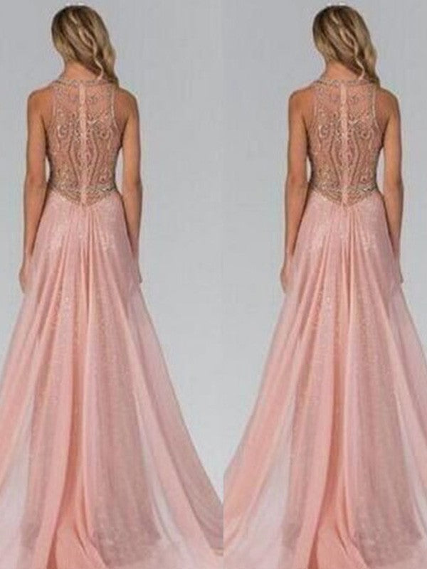 A-Line/Princess Beading Sequins Scoop Sleeveless Sweep/Brush Train Prom Dress