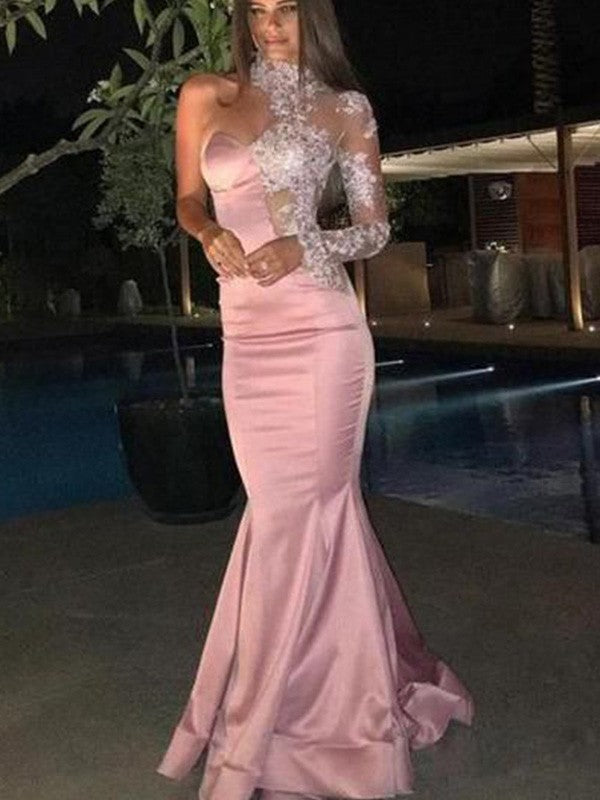 Trumpet/Mermaid Elastic Woven Satin Applique One-Shoulder Long Sleeves Sweep/Brush Train Prom Dress