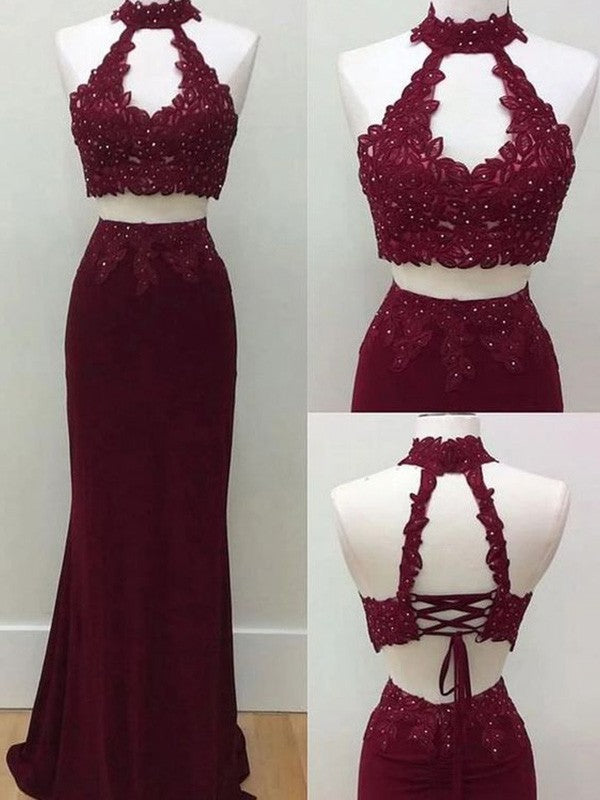 Sheath/Column Applique Halter Sleeveless Floor-Length Spandex Two Piece Prom Dress