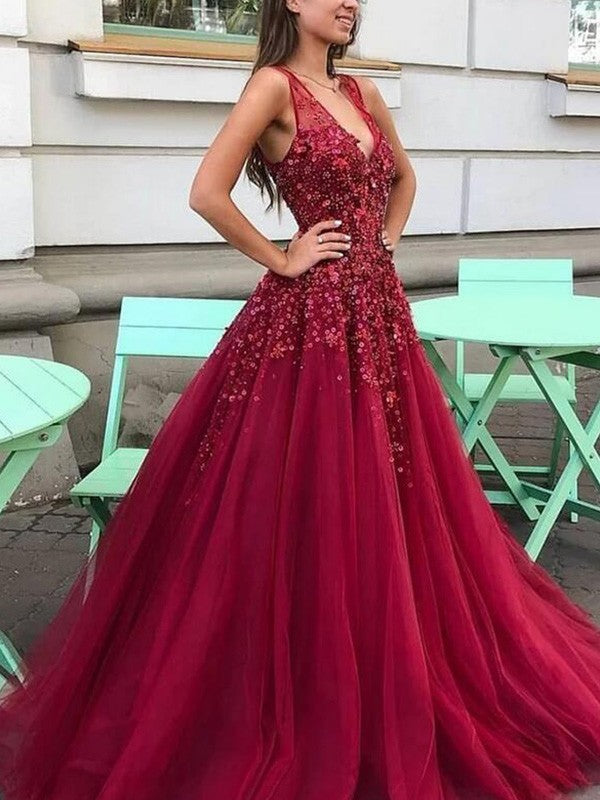 A-Line/Princess Tulle Beading V-neck Sleeveless Sweep/Brush Train Prom Dress