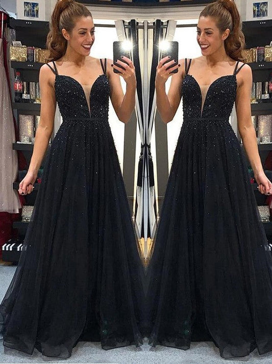 A-Line/Princess Tulle Spaghetti Straps Beading Floor-Length Sleeveless Prom Dress