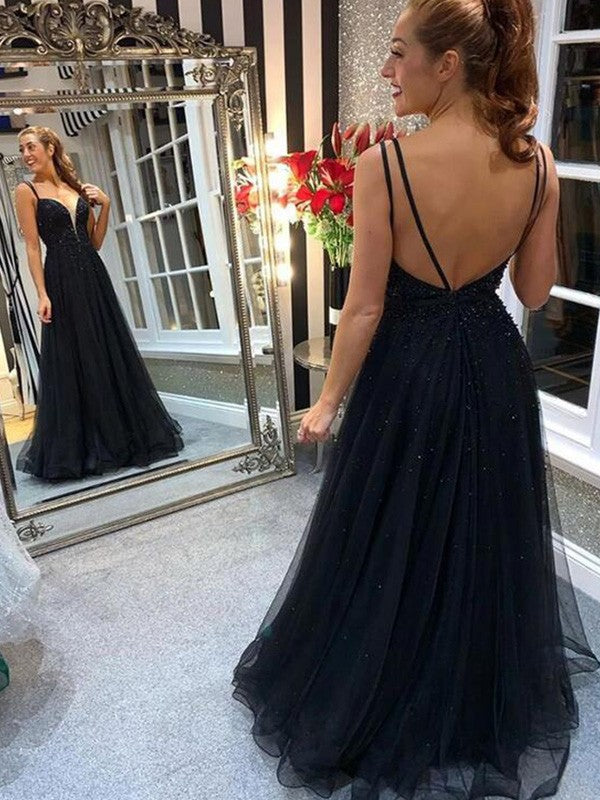 A-Line/Princess Tulle Spaghetti Straps Beading Floor-Length Sleeveless Prom Dress