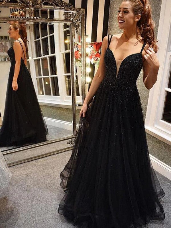 A-Line/Princess Tulle Spaghetti Straps Beading Floor-Length Sleeveless Prom Dress
