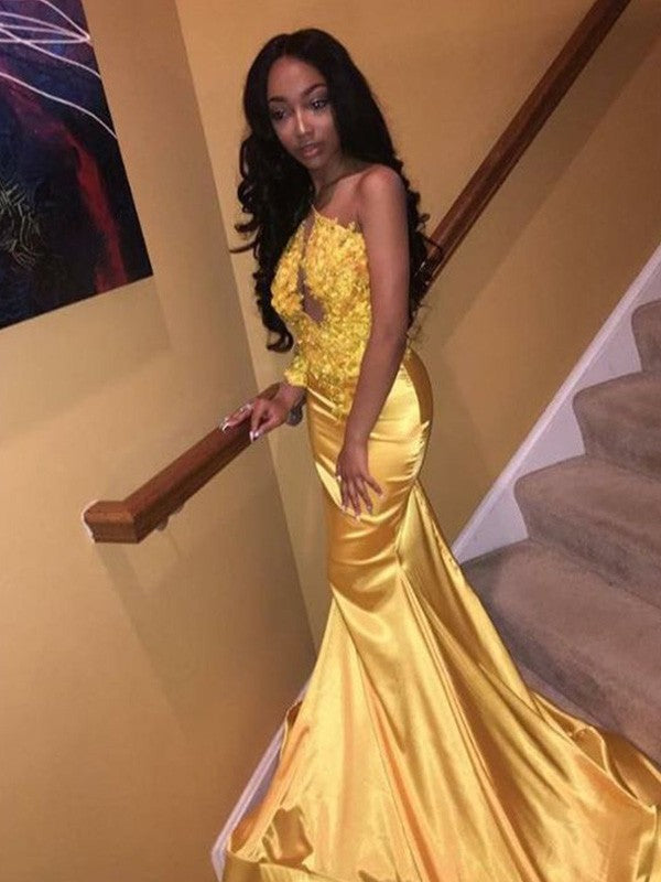 Trumpet/Mermaid Satin Applique Strapless Sleeveless Court Train Prom Dress