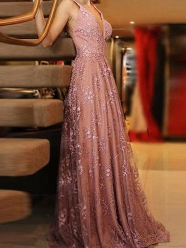 A-Line/Princess Tulle V-neck Applique Sleeveless Sweep/Brush Train Prom Dress