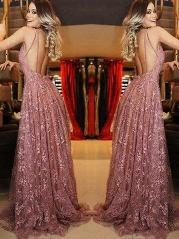 A-Line/Princess Tulle V-neck Applique Sleeveless Sweep/Brush Train Prom Dress
