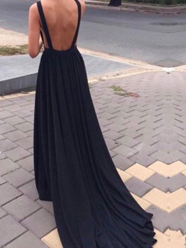 A-Line/Princess Ruffles V-neck Jersey Court Train Sleeveless Prom Dress