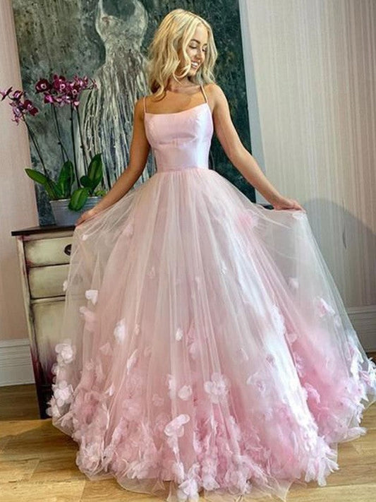 A-Line/Princess Bateau Tulle Applique Floor-Length Sleeveless Prom Dress