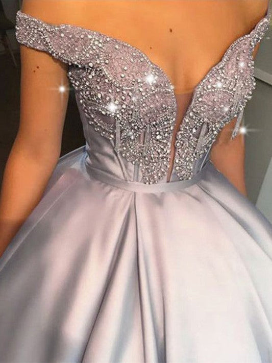 Ball Gown Beading Satin Off-the-Shoulder Sleeveless Floor-Length Prom Dress