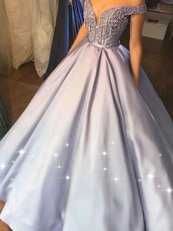 Ball Gown Beading Satin Off-the-Shoulder Sleeveless Floor-Length Prom Dress