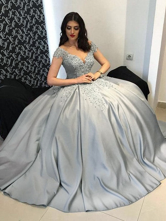 Ball Gown Satin Off-the-Shoulder Sleeveless Beading Sweep/Brush Train Prom Dress