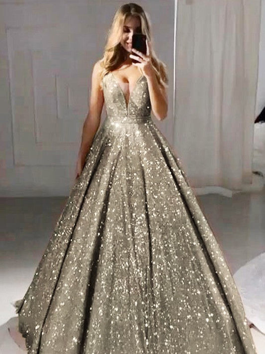 A-Line/Princess V-neck Sequins Ruffles Floor-Length Sleeveless Prom Dress