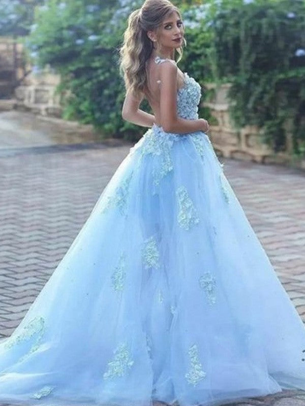 A-Line/Princess Tulle Applique Bateau Sleeveless Sweep/Brush Train Prom Dress