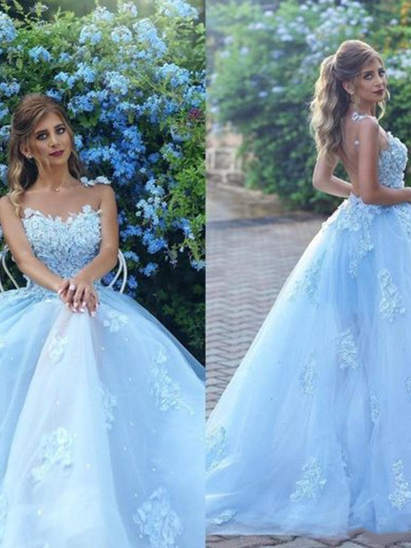 A-Line/Princess Tulle Applique Bateau Sleeveless Sweep/Brush Train Prom Dress