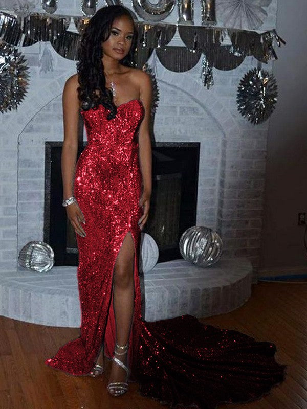 Sheath/Column Sequins Sleeveless Court Train Off-the-Shoulder Prom Dress