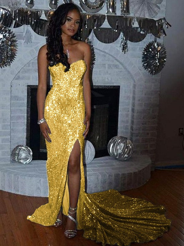 Sheath/Column Sequins Sleeveless Court Train Off-the-Shoulder Prom Dress